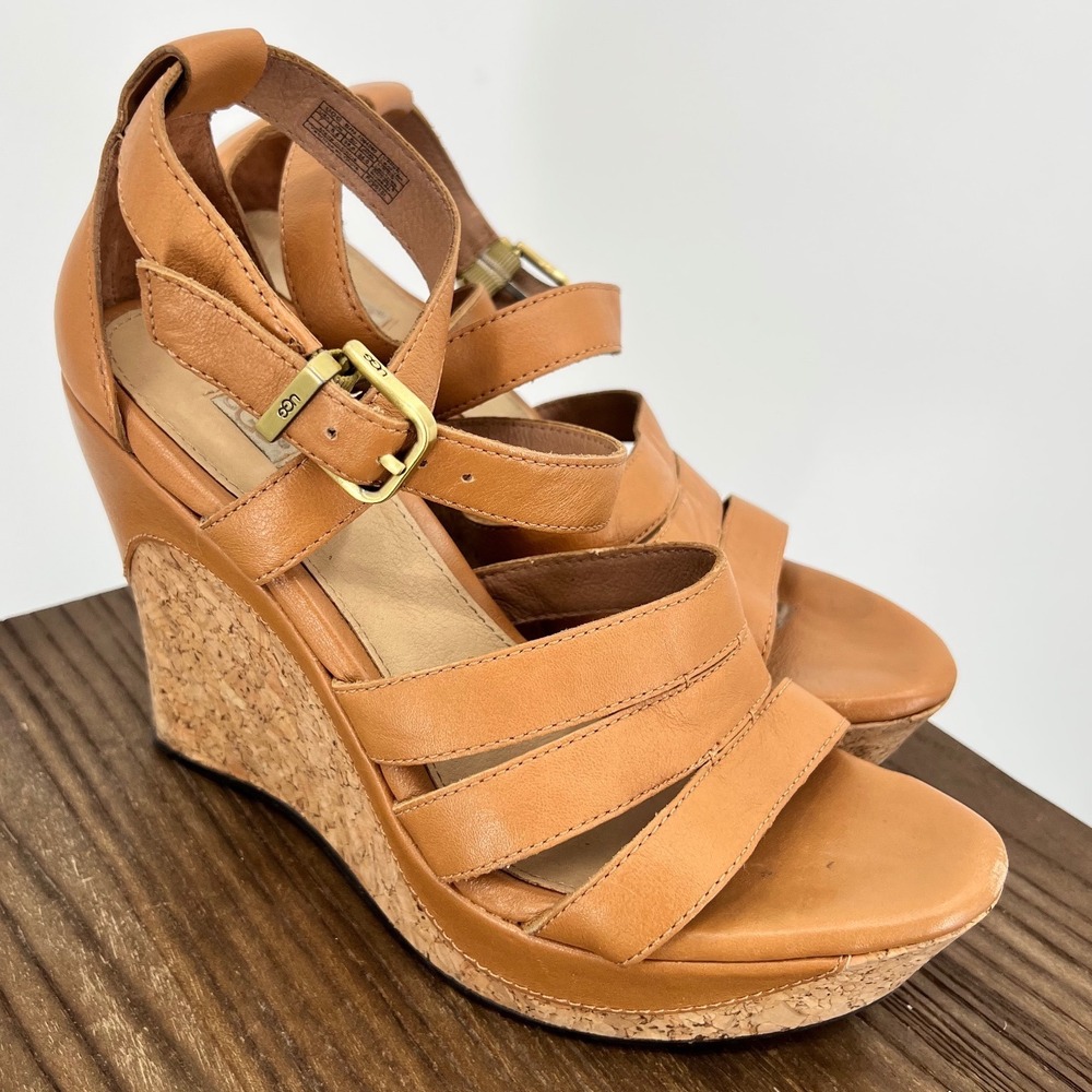 UGG Dillion Tan Leather Cork Platform‎ Wedge Sandals Strappy Ankle Strap Size 7